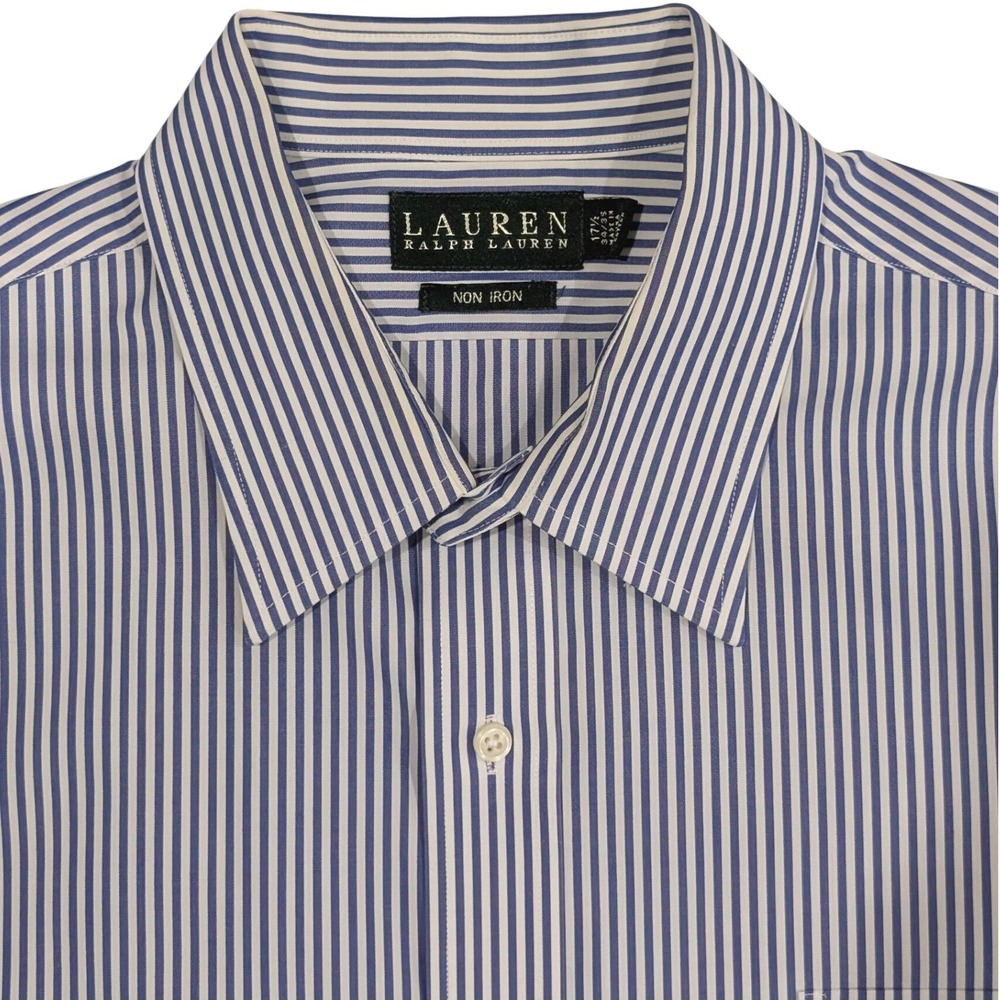 Lauren Ralph Lauren Mens Blue White Striped Non Iron Dress Shirt 17.5 34/35
